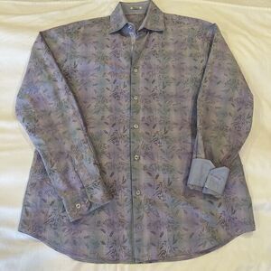 Bugatchi Uomo Shaped Fit Long Sleeve Button Up Geometric Floral Flip Cuff‎ Large
